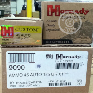 Photo detailing the 45 ACP HORNADY CUSTOM XTP 185 GRAIN JHP (20 ROUNDS) for sale at AmmoMan.com.