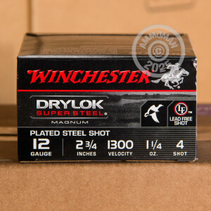 Photo detailing the 12 GAUGE WINCHESTER DRYLOK SUPER STEEL 2-3/4" #4 (25 SHELLS) for sale at AmmoMan.com.