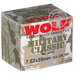 Photo detailing the 7.62X39MM WOLF MILITARY CLASSIC 124 GRAIN JHP (1000 ROUNDS) for sale at AmmoMan.com.