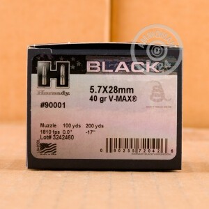 Photo detailing the 5.7X28MM Hornady BLACK 40 GRAIN V-MAX (25 ROUNDS) for sale at AmmoMan.com.