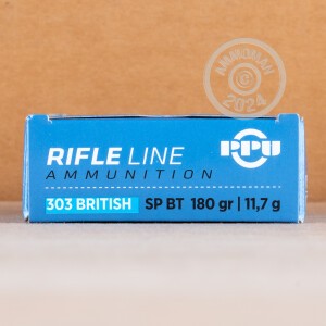 A photograph of 20 rounds of 180 grain 303 British ammo with a soft point bullet for sale.