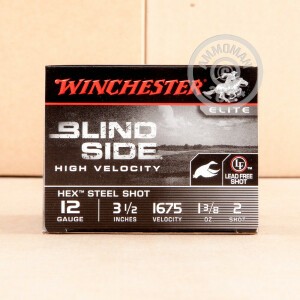 Image of the 12 GAUGE WINCHESTER BLIND SIDE 3-1/2" 1-3/8 OZ. #2 HEX STEEL SHOT (25 ROUNDS) available at AmmoMan.com.