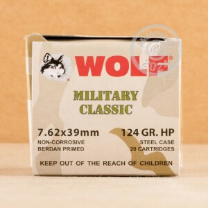 Photo detailing the 7.62x39MM WOLF WPA MILITARY CLASSIC 124 GRAIN HOLLOW POINT (1000 ROUNDS) for sale at AmmoMan.com.