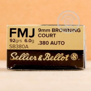 Photograph showing detail of .380 ACP SELLIER & BELLOT 92 GRAIN FULL METAL JACKET (1000 ROUNDS)