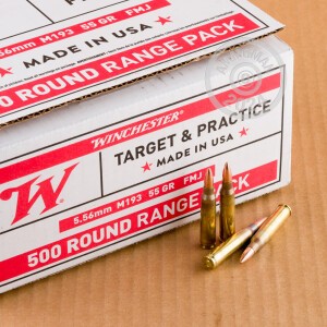 A photograph of 500 rounds of 55 grain 5.56x45mm ammo with a FMJ bullet for sale.