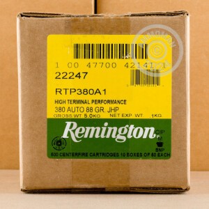 Photo detailing the 380 AUTO REMINGTON HTP 88 GRAIN JACKETED HOLLOW POINT (500 ROUNDS) for sale at AmmoMan.com.