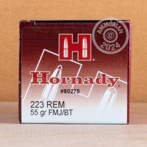 Photo detailing the 223 REM HORNADY 55 GRAIN FMJBT (500 ROUNDS) for sale at AmmoMan.com.