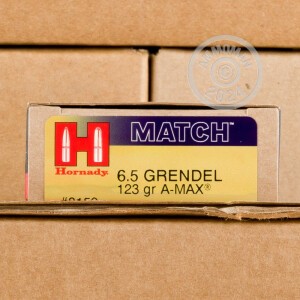 Photo detailing the 6.5 GRENDEL HORNADY 123 GRAIN A-MAX POLYMER TIP (20 ROUNDS) for sale at AmmoMan.com.