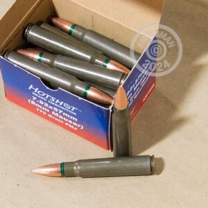 A photograph of 20 rounds of 170 grain 8mm Mauser JS ammo with a FMJ bullet for sale.