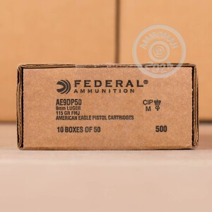 Photograph showing detail of 9MM LUGER FEDERAL AMERICAN EAGLE (TRAYLESS) 115 GRAIN FMJ (500 ROUNDS)