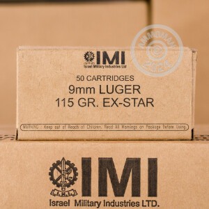 Image of 9mm Luger ammo by Israeli Military Industries that's ideal for home protection, training at the range.