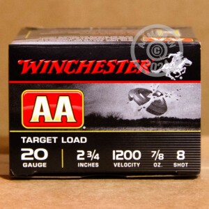 Photo detailing the 20 GAUGE WINCHESTER AA 2-3/4" #8 SHOT (25 ROUNDS) for sale at AmmoMan.com.