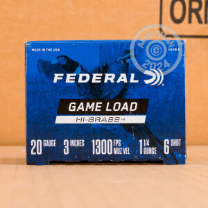 Photo detailing the 20 GAUGE FEDERAL GAME LOAD UPLAND HI-BRASS  3" 1-1/4 OZ. #6 SHOT (25 ROUNDS) for sale at AmmoMan.com.