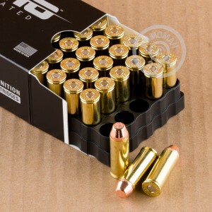 A photograph detailing the .45 COLT ammo with TMJ bullets made by Ammo Incorporated.