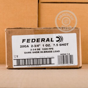 Image of the 20 GAUGE FEDERAL GAME LOAD UPLAND HI-BRASS 2-3/4" 1 OZ. #7.5 SHOT (250 ROUNDS) available at AmmoMan.com.