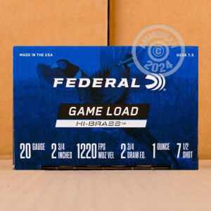 Photo detailing the 20 GAUGE FEDERAL GAME LOAD UPLAND HI-BRASS 2-3/4" 1 OZ. #7.5 SHOT (250 ROUNDS) for sale at AmmoMan.com.