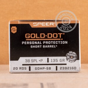 Photo detailing the 38 SPECIAL +P SPEER GOLD DOT 135 GRAIN JHP (20 ROUNDS) for sale at AmmoMan.com.