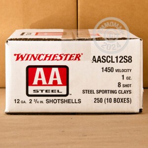 Photo detailing the 12 GAUGE WINCHESTER AA STEEL 2-3/4" 1 OZ. #8 STEEL SHOT (250 ROUNDS) for sale at AmmoMan.com.