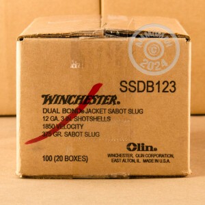 Photo detailing the 12 GAUGE WINCHESTER DUAL BOND 3" 375 GRAIN SABOT SLUG (5 ROUNDS) for sale at AmmoMan.com.