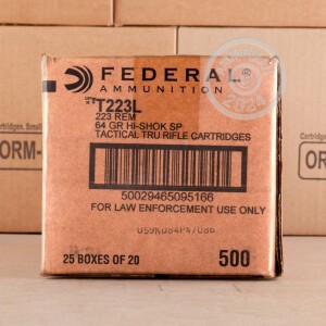 A photograph of 500 rounds of 64 grain 223 Remington ammo with a soft point bullet for sale.