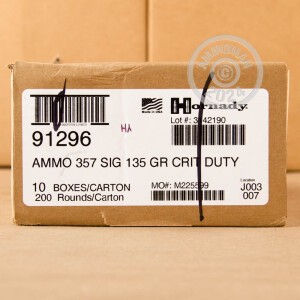 Photo detailing the .357 SIG HORNADY CRITICAL DUTY 135 GRAIN JHP (20 ROUNDS) for sale at AmmoMan.com.
