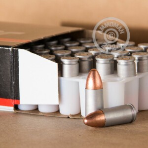 A photograph detailing the 9mm Luger ammo with TMJ bullets made by Blazer.