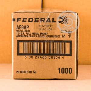 Photo detailing the 9MM LUGER FEDERAL AMERICAN EAGLE 124 GRAIN FMJ (50 ROUNDS) for sale at AmmoMan.com.