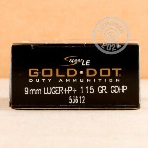 Image of the 9MM LUGER +P+ SPEER GOLD DOT 115 GRAIN JHP (50 ROUNDS) available at AmmoMan.com.
