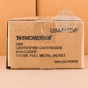 Photo detailing the 9MM WINCHESTER USA TARGET PACK 115 GRAIN FMJ (100 ROUNDS) for sale at AmmoMan.com.