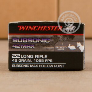 Photo detailing the 22 LR WINCHESTER SUBSONIC 42 MAX 42 GRAIN LHP (500 ROUNDS) for sale at AmmoMan.com.
