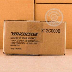 Photo detailing the 12 GAUGE WINCHESTER DOUBLE X 2-3/4" 8 PELLETS 000 BUCKSHOT (25 ROUNDS) for sale at AmmoMan.com.
