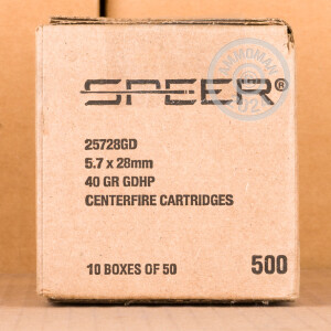 Photo detailing the 5.7X28MM SPEER GOLD DOT 40 GRAIN JHP (500 ROUNDS) for sale at AmmoMan.com.