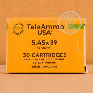 A photo of a box of Tela Ammo ammo in 5.45 x 39 Russian that's often used for training at the range.