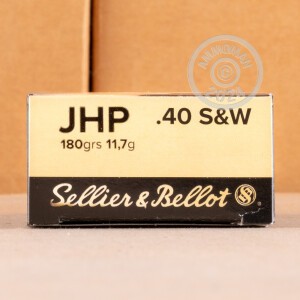 A photograph detailing the .40 Smith & Wesson ammo with JHP bullets made by Sellier & Bellot.