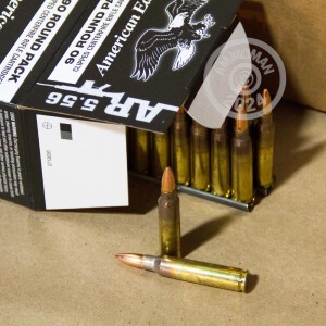 A photograph of 90 rounds of 55 grain 5.56x45mm ammo with a FMJ-BT bullet for sale.