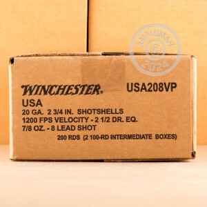 Photo detailing the 20 GAUGE WINCHESTER USA GAME & TARGET 2-3/4" 7/8 OZ. #8 SHOT (100 ROUNDS) for sale at AmmoMan.com.