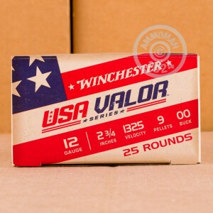 Photo detailing the 12 GAUGE WINCHESTER USA VALOR 2-3/4" 9 PELLETS 00 BUCK (250 ROUNDS) for sale at AmmoMan.com.