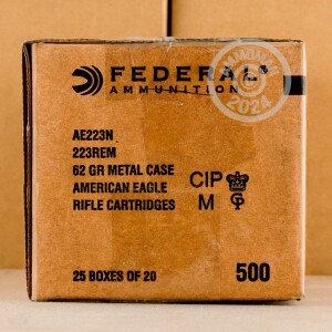 A photograph detailing the 223 Remington ammo with Full Metal Jacket Boat Tail (FMJ-BT) bullets made by Federal.