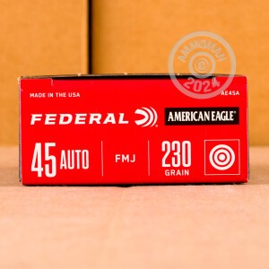 Photo detailing the .45 ACP FEDERAL AMERICAN EAGLE 230 GRAIN FMJ (50 ROUNDS) for sale at AmmoMan.com.