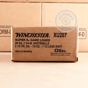 Photo detailing the 20 GAUGE WINCHESTER SUPER-X 2-3/4" 7/8 OZ. #7.5 SHOT (250 ROUNDS) for sale at AmmoMan.com.