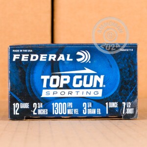 Photo detailing the 12 GAUGE FEDERAL TOP GUN SPORTING 2-3/4" 1 OZ. #7.5 SHOT (250 ROUNDS) for sale at AmmoMan.com.