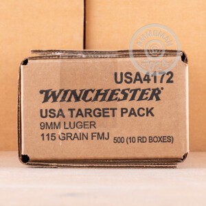 Photo detailing the 9MM WINCHESTER USA TARGET PACK 115 GRAIN FMJ (500 ROUNDS) for sale at AmmoMan.com.