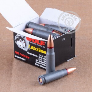 Photograph showing detail of 7.62X39 WOLF PERFORMANCE 124 GRAIN HP 8M3 (1000 ROUNDS)