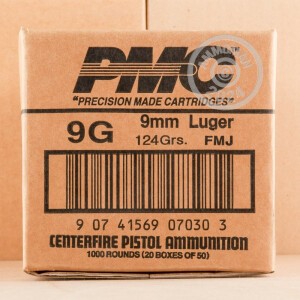 Image of PMC 9mm Luger pistol ammunition.