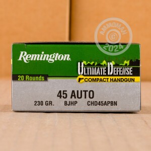 Photo detailing the 45 ACP REMINGTON ULTIMATE DEFENSE 230 GRAIN JHP (20 ROUNDS) for sale at AmmoMan.com.