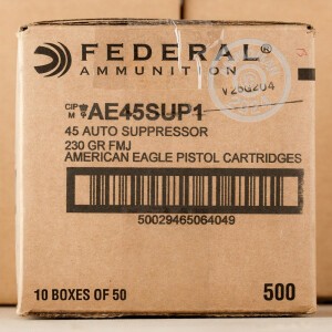 Image of the 45 ACP FEDERAL AMERICAN EAGLE SUPPRESSOR SUBSONIC 230 GRAIN FMJ (500 ROUNDS) available at AmmoMan.com.