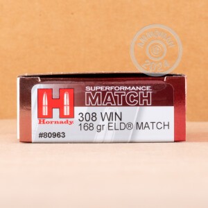 Photo detailing the 308 WIN HORNADY SUPERFORMANCE MATCH 168 GRAIN ELD MATCH (20 ROUNDS) for sale at AmmoMan.com.