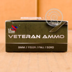 A photo of a box of Veteran Ammo ammo in 9mm Luger.