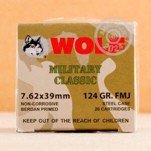 Photo detailing the 7.62X39 WOLF MILITARY 124 GRAIN FMJ (20 ROUNDS) for sale at AmmoMan.com.