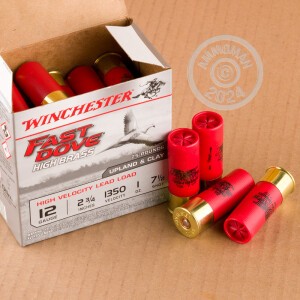 Photo detailing the 12 GAUGE WINCHESTER FAST DOVE HIGH BRASS 2-3/4" 1 OZ. #7.5 SHOT (250 ROUNDS) for sale at AmmoMan.com.